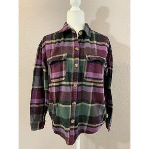 Hollister Women's Purple Plaid Boyfriend Fit Flannel Shacket‎ Pockets Small